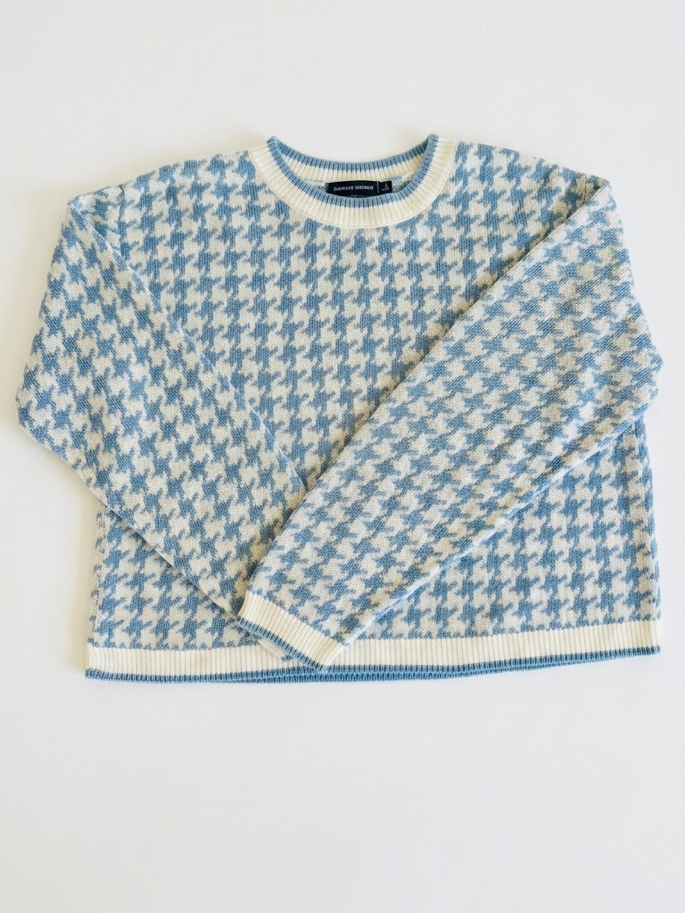 Liz Claiborne Blue and Cream Houndstooth Knit Sweater cotton blend size M EUC